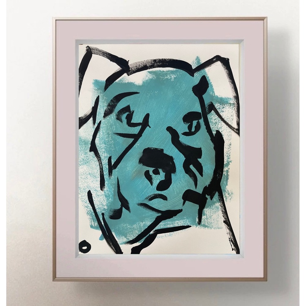 OMAN Original Dog Painting Abstract Portrait Turquoise Blue Pet Art 8.5x11